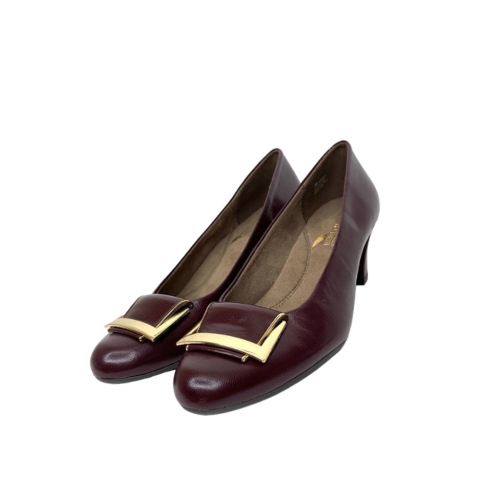Aerosoles Shorely Leather Plum Purple Pumps Heels With Round Toe Gold Hardware